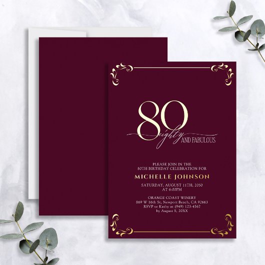 80 & Fabulous Burgundy & Gold Calligraphy Birthday Folie Uitnodiging