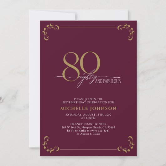 80 & Fabulous Burgundy White en Gold Birthday Kaart (Voorkant)