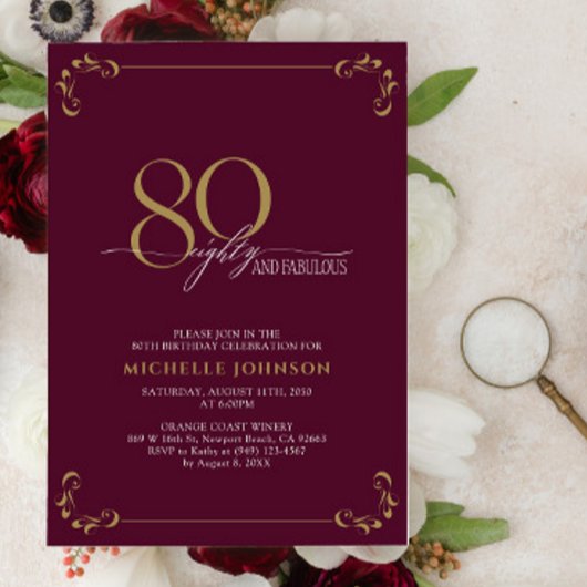 80 & Fabulous Burgundy White en Gold Birthday Kaart