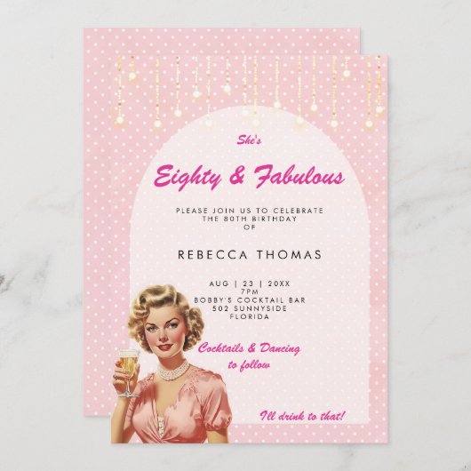 80 & Fantastische retro roze verjaardagsuitnodigin Kaart (Voorkant / Achterkant)