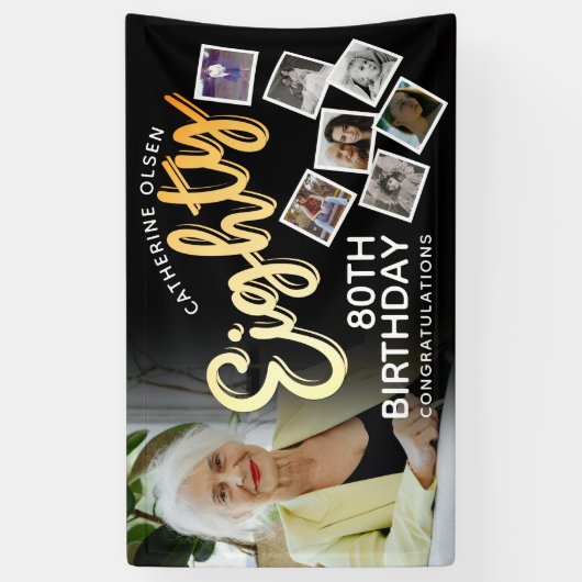 80 gouden 80e verjaardag 8 foto's op zwart spandoek (Verticaal)