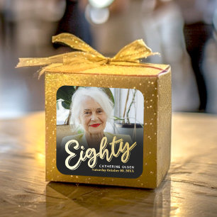 80 goudkleurige script foto verjaardagsgunst vierkante sticker