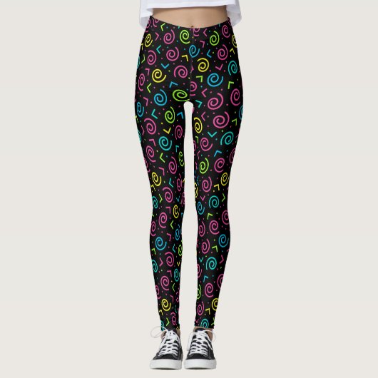 80-inch Retro Black en Neon Doodle Pattern Leggings (Voorkant)