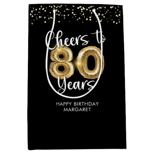 80 jaar Black Gold Confetti Verjaardag Medium Cadeauzakje (Voorkant)
