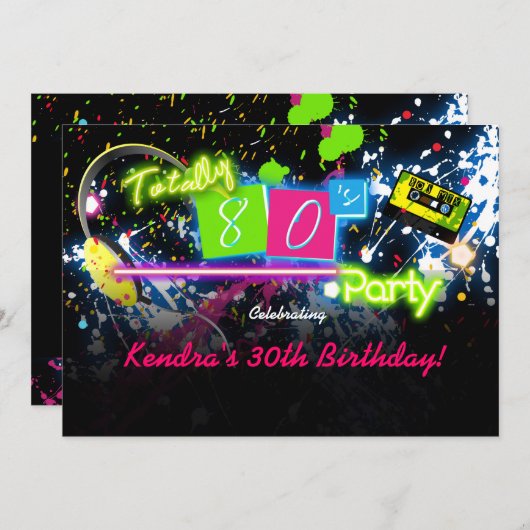 80 jaar Neon Paint Glow Party Invitation Kaart (Voorkant / Achterkant)