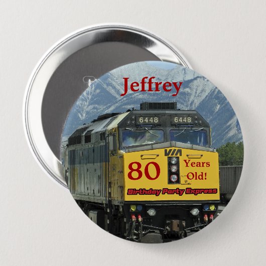 80 jaar oud, Railroad Train Birthday Button Pin (Voorkant /achterkant)