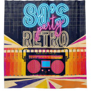 80 jaar, retro muziekfeest. Oude poster. Disco fl Douchegordijn