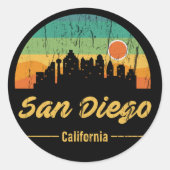  80-jarige San Diego City Skyline Retro Sunset Ronde Sticker (Voorkant)