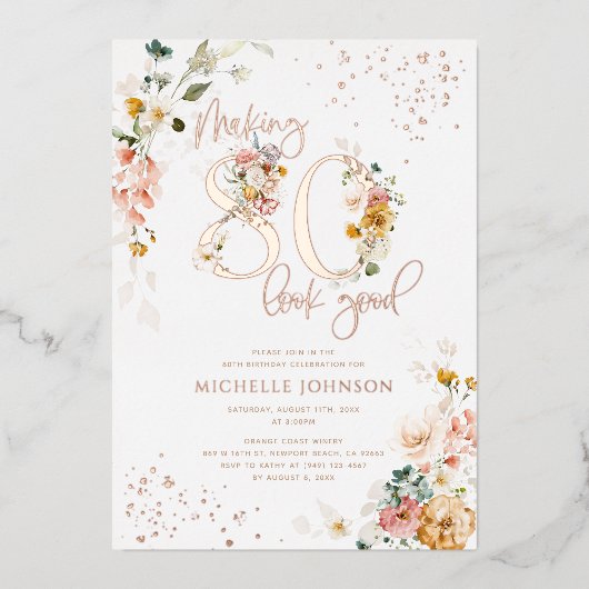 80-look Good Floral Roos Gold Folie Uitnodiging (Voorkant)