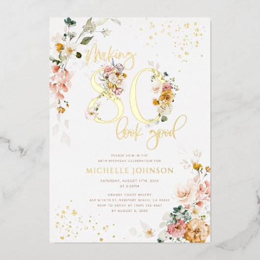 80-look Good Pink Floral Gold Folie Uitnodiging (Voorkant)