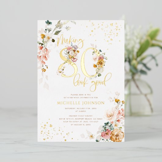 80-look Good Pink Floral Gold Folie Uitnodiging (Staand Voorkant)