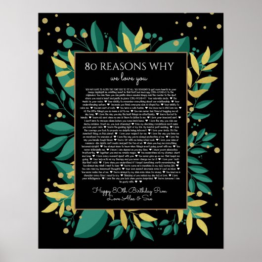 80 redenen waarom we van je houden blauwgroen zwar poster (Voorkant)