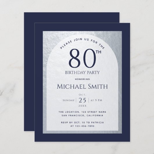 80 Uitnodiging tot Man Blauwe Zilveren op jaarbudg (Voorkant / Achterkant)