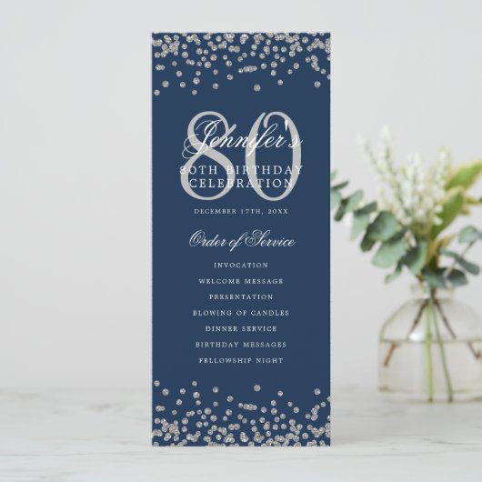 80 Verjaardagsprogramma Zilver Confetti Menu Navy  Kaart (Staand voorkant)