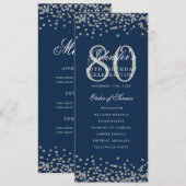 80 Verjaardagsprogramma Zilver Confetti Menu Navy  Kaart (Voorkant / Achterkant)