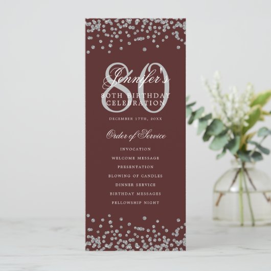 80 Verjaardagsprogramma Zilveren Confetti Menu Bou Kaart (Staand voorkant)