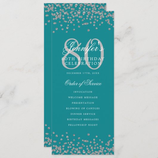 80 Verjaardagsprogramma Zilveren Confetti Menu Tur Kaart (Voorkant / Achterkant)