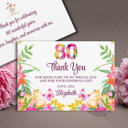 80 Years Floral Flowers - Butterfly 80th Birthday Bedankkaart