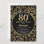 80e Birthday Black en Gold Floral Pattern Kaart (Voorkant)