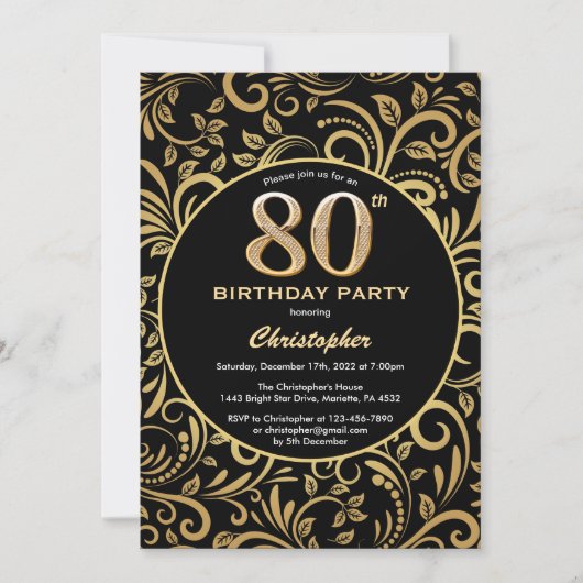 80e Birthday Black en Gold Floral Pattern Kaart (Voorkant)
