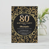 80e Birthday Black en Gold Floral Pattern Kaart (Staand voorkant)