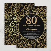 80e Birthday Black en Gold Floral Pattern Kaart (Voorkant / Achterkant)