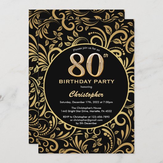 80e Birthday Black en Gold Floral Pattern Kaart (Voorkant / Achterkant)