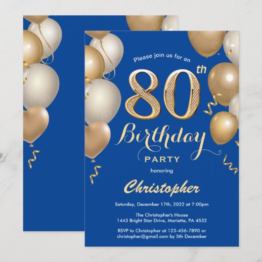 80e Birthday Blue en Gold Balloons Confetti Kaart (Voorkant / Achterkant)