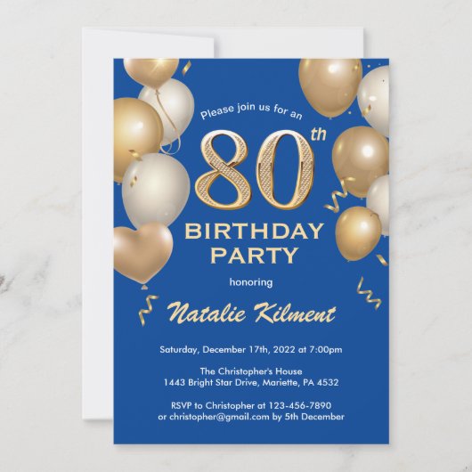 80e Birthday Blue en Gold Glitter Balloons Kaart (Voorkant)