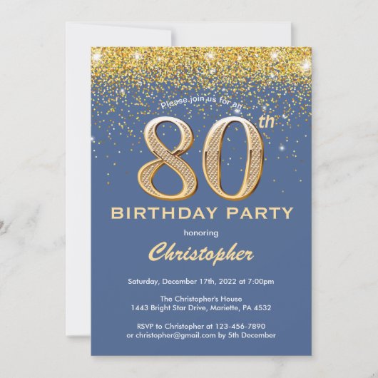 80e Birthday Blue en Gold Glitter Confetti Kaart (Voorkant)