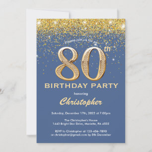 80e Birthday Blue en Gold Glitter Confetti Kaart
