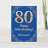80e Birthday Blue en Gold Glitter Lijst Kaart (Voorkant)