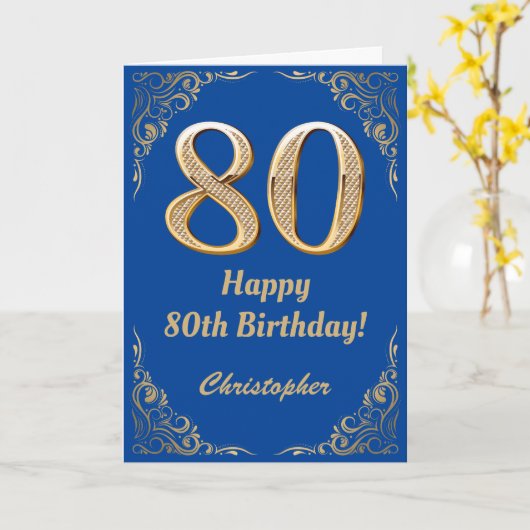 80e Birthday Blue en Gold Glitter Lijst Kaart (Gele Bloem)