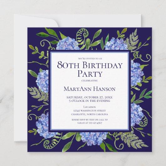 80e Birthday Blue Hydrangeas Floral Waterverf Kaart (Voorkant)
