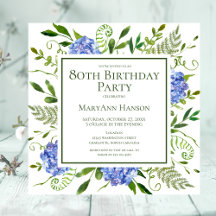 80e Birthday Blue Hydrangeas Floral Waterverf