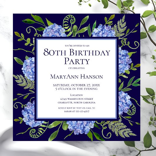 80e Birthday Blue Hydrangeas Floral Waterverf Kaart
