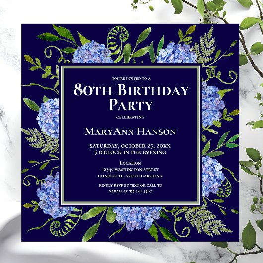 80e Birthday Blue Hydrangeas Floral Waterverf Kaart