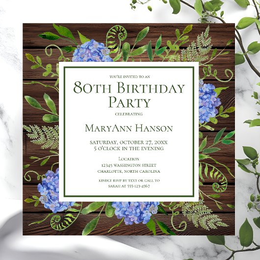 80e Birthday Blue Hydrangeas Floral Waterverf Kaart