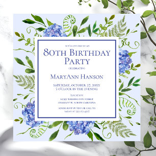 80e Birthday Blue Hydrangeas Floral Waterverf Kaart