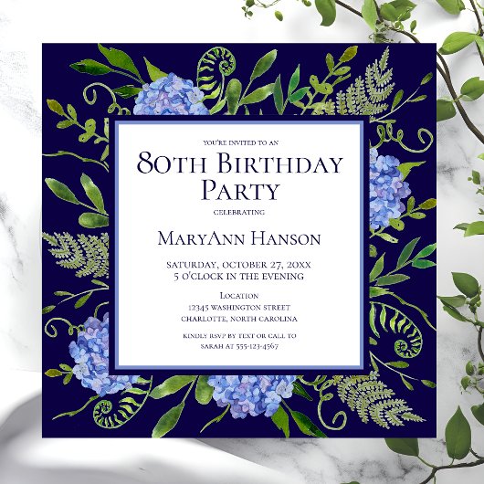 80e Birthday Blue Hydrangeas Floral Waterverf Kaart