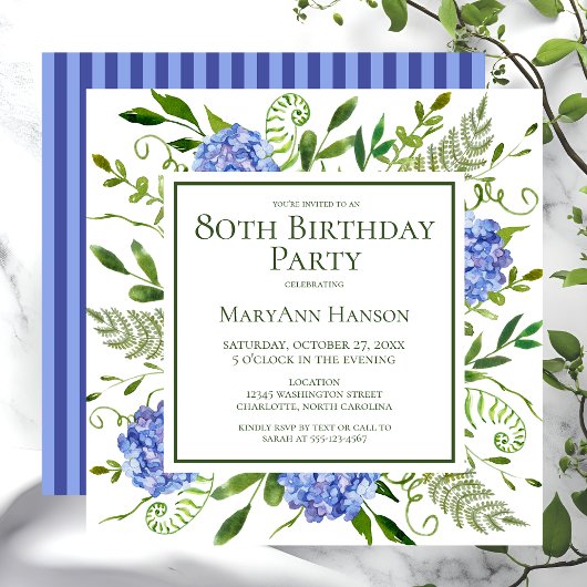 80e Birthday Blue Hydrangeas Floral Waterverf Kaart