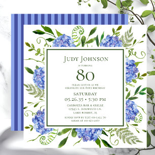 80e Birthday Blue Hydrangeas Floral Waterverf Kaart