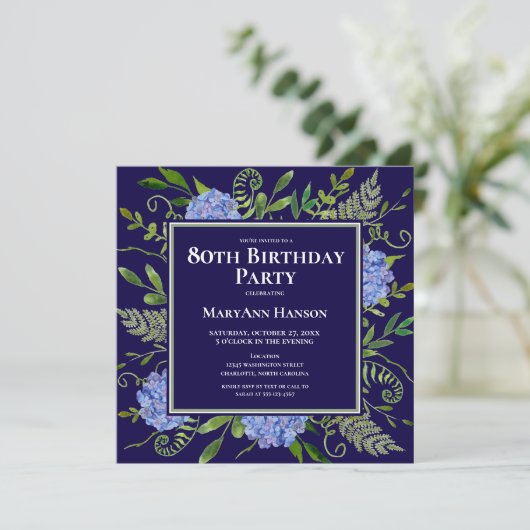 80e Birthday Blue Hydrangeas Floral Waterverf Kaart (Staand voorkant)