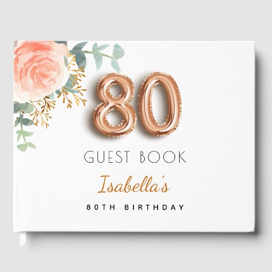 80e Birthday floral roos Gold eucalyptus name Gastenboek (Voorkant)