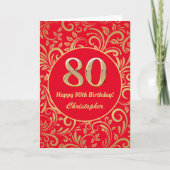 80e Birthday Red en Gold Floral Pattern Kaart (Voorkant)