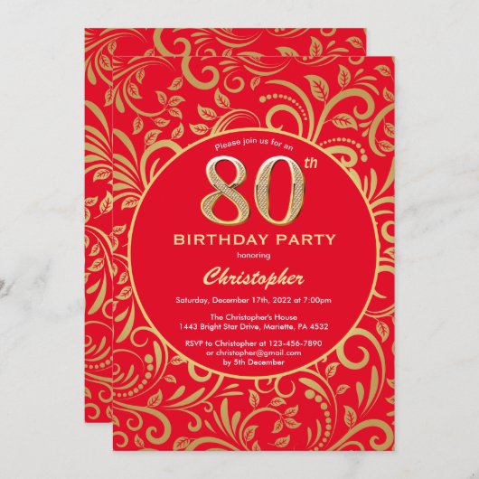 80e Birthday Red en Gold Floral Pattern Kaart (Voorkant / Achterkant)