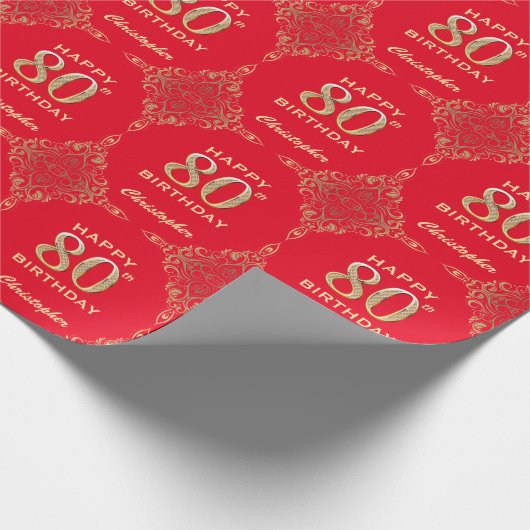 80e Birthday Red en Gold Glitter Lijst Cadeaupapier (Hoek)
