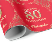 80e Birthday Red en Gold Glitter Lijst Cadeaupapier (Rol Hoek)