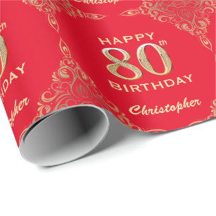 80e Birthday Red en Gold Glitter Lijst Cadeaupapier