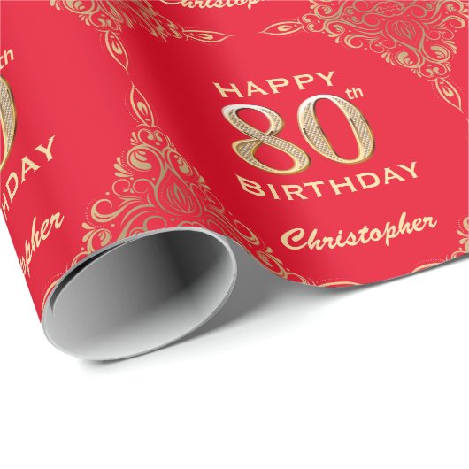 80e Birthday Red en Gold Glitter Lijst Cadeaupapier (Rol Hoek)